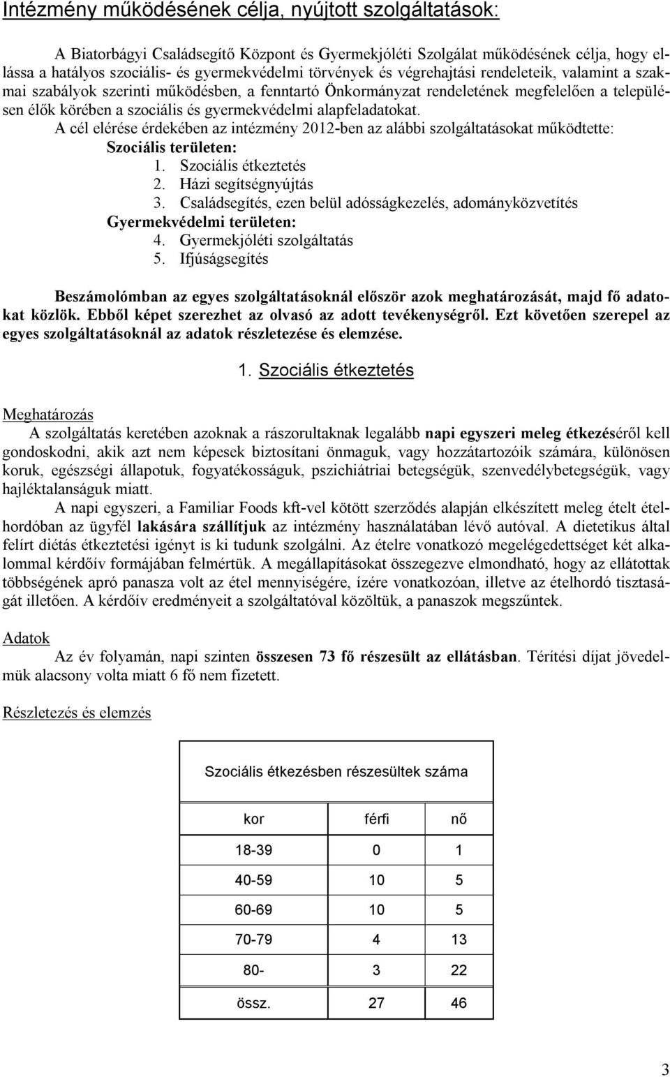 alapfeladatokat. A cél elérése érdekében az intézmény 2012-ben az alábbi szolgáltatásokat működtette: Szociális területen: 1. Szociális étkeztetés 2. Házi segítségnyújtás 3.