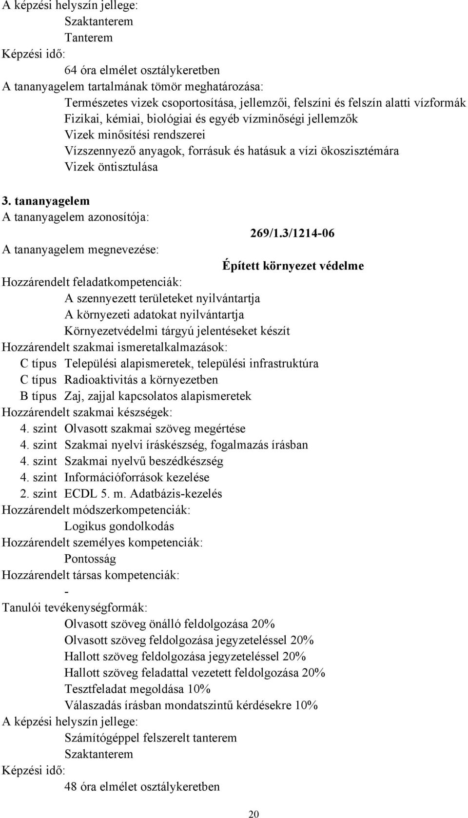 3/1214-06 Épített környezet védelme A szennyezett területeket nyilvántartja A környezeti adatokat nyilvántartja Környezetvédelmi tárgyú jelentéseket készít C típus Települési alapismeretek,