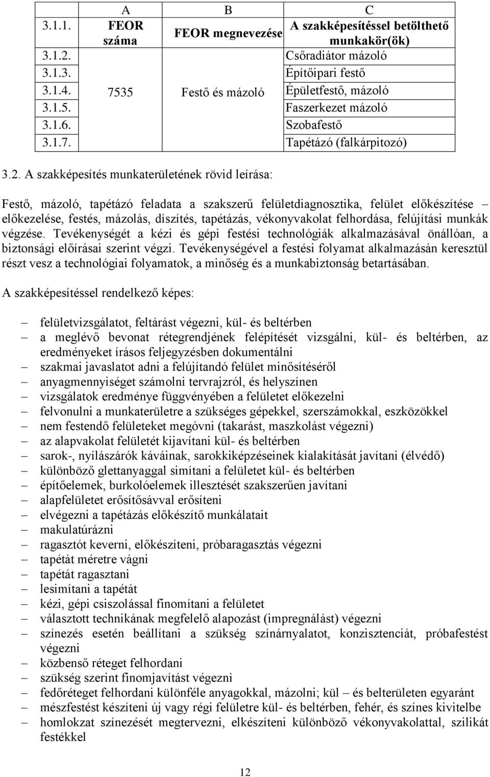 A szakképesítés munkaterületének rövid leírása: Festő, mázoló, tapétázó feladata a szakszerű felületdiagnosztika, felület előkészítése előkezelése, festés, mázolás, díszítés, tapétázás, vékonyvakolat