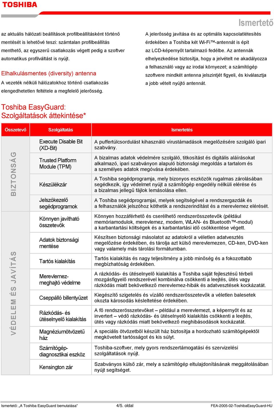 A jelerősség javítása és az optimális kapcsolatlétesítés érdekében a Toshiba két Wi-Fi -antennát is épít az LCD-képernyőt tartalmazó fedélbe.