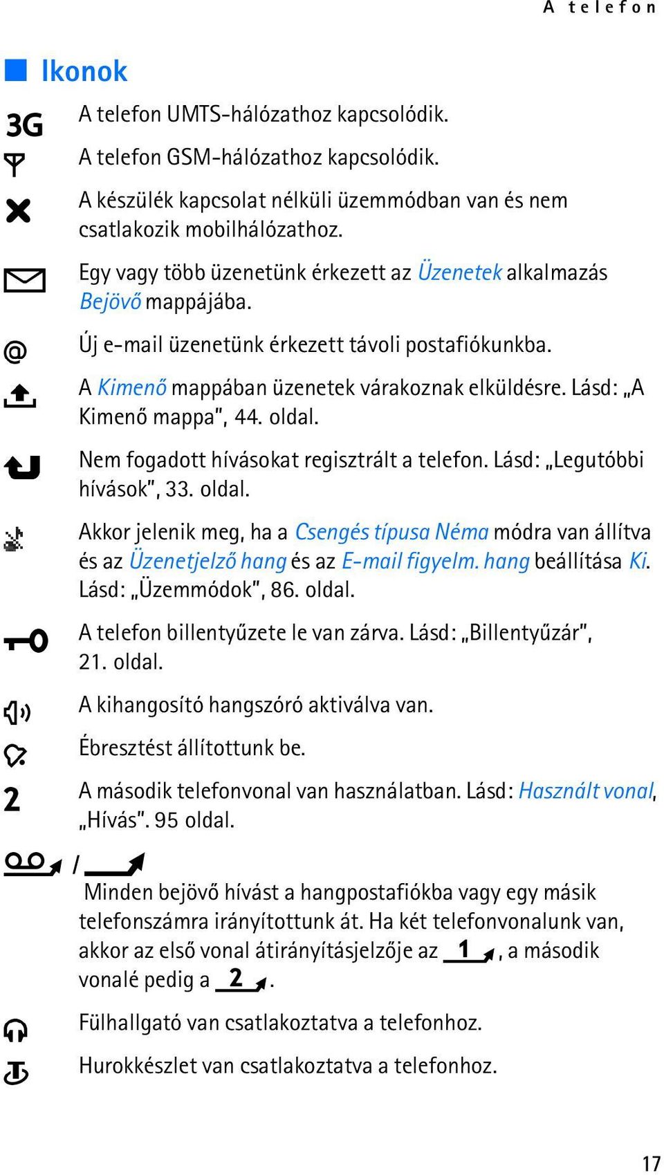 Lásd: A Kimenõ mappa, 44. oldal. Nem fogadott hívásokat regisztrált a telefon. Lásd: Legutóbbi hívások, 33. oldal. Akkor jelenik meg, ha a Csengés típusa Néma módra van állítva és az Üzenetjelzõ hang és az E-mail figyelm.