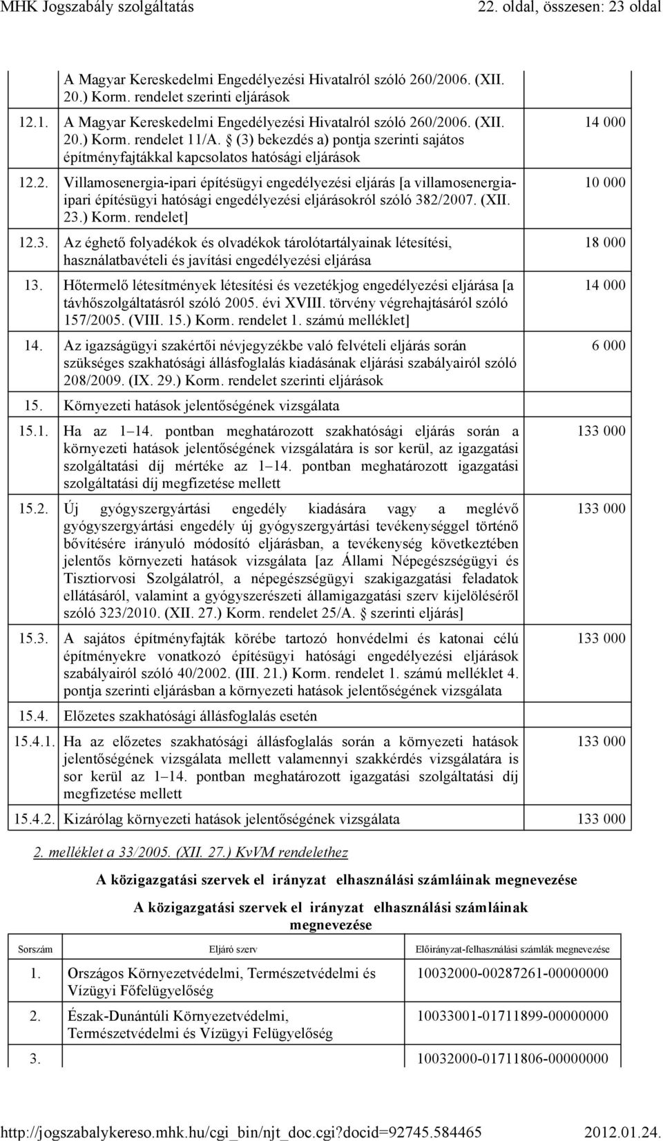 0/2006. (XII. 20.) Korm. rendelet 11/A. (3) bekezdés a) pontja szerinti sajátos építményfajtákkal kapcsolatos hatósági eljárások 12.2. Villamosenergia-ipari építésügyi engedélyezési eljárás [a villamosenergiaipari építésügyi hatósági engedélyezési eljárásokról szóló 382/2007.