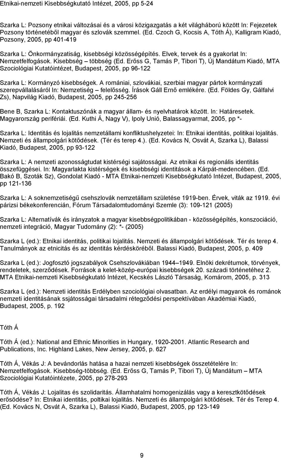 Kisebbség többség (Ed. Erőss G, Tamás P, Tibori T), Új Mandátum Kiadó, MTA Szociológiai Kutatóintézet, Budapest, 2005, pp 96-122 Szarka L: Kormányzó kisebbségek.