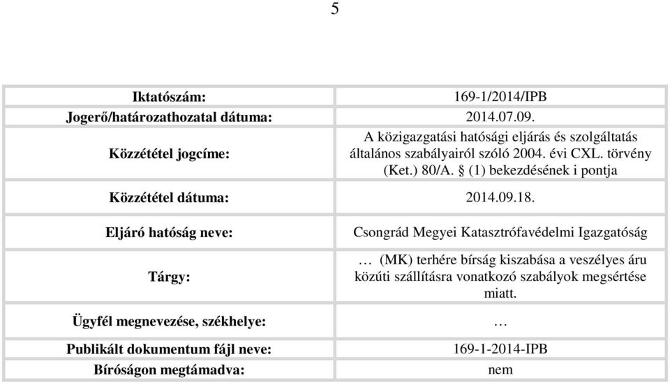 (1) bekezdésének i pontja Közzététel dátuma: 2014.09.18.