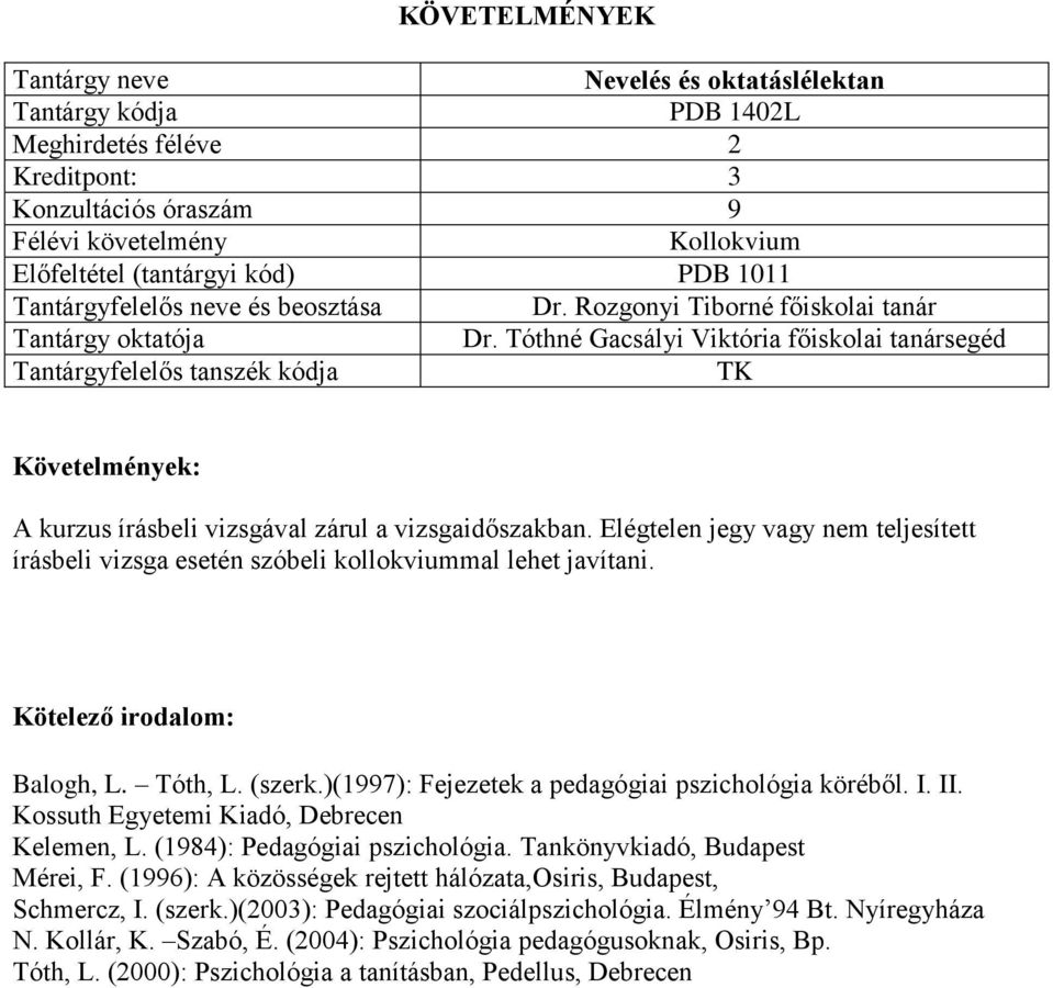 Tóth, L. (szerk.)(1997): Fejezetek a pedagógiai pszichológia köréből. I. II. Kossuth Egyetemi Kiadó, Debrecen Kelemen, L. (1984): Pedagógiai pszichológia. Tankönyvkiadó, Budapest Mérei, F.