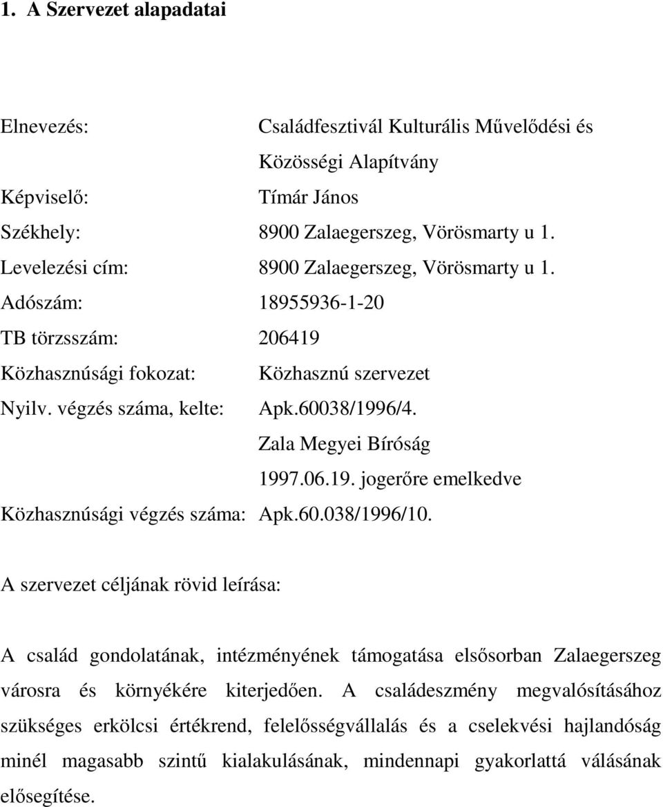 Zala Megyei Bíróság 1997.06.19. jogerőre emelkedve Közhasznúsági végzés száma: Apk.60.038/1996/10.