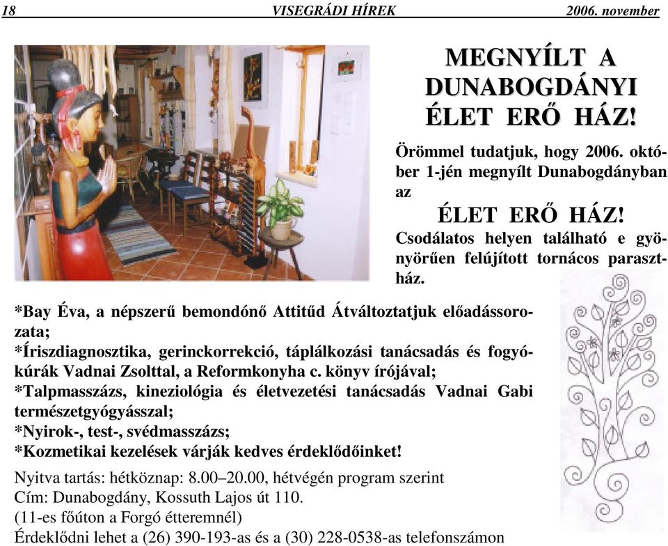 *Bay Éva, a népszerő bemondónı Attitőd Átváltoztatjuk elıadássorozata; *Íriszdiagnosztika, gerinckorrekció, táplálkozási tanácsadás és fogyókúrák Vadnai Zsolttal, a Reformkonyha c.