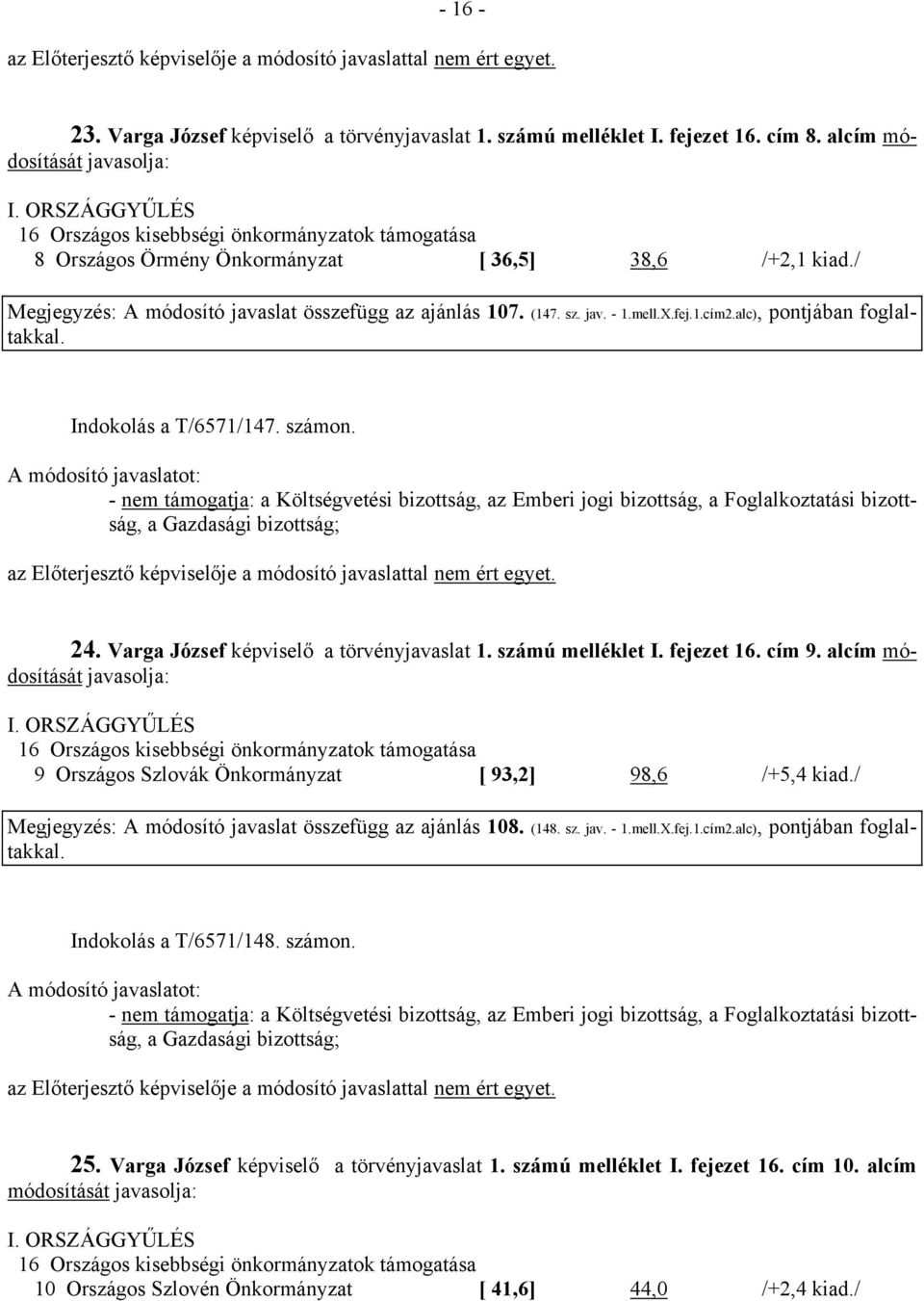 mell.X.fej.1.cím2.alc), pontjában foglaltakkal. Indokolás a T/6571/147. számon. - nem támogatja: a Költségvetési, az Emberi jogi, a Foglalkoztatási, a Gazdasági ; 24.