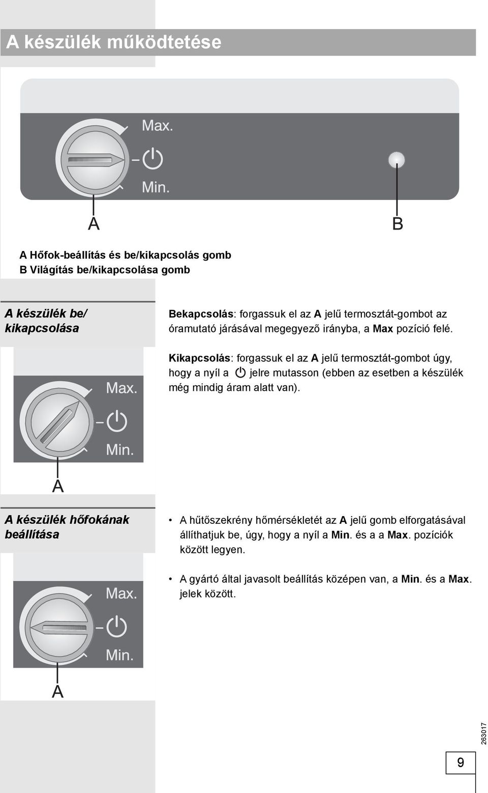 Kikapcsolás: forgassuk el az A jelű termosztát-gombot úgy, hogy a nyíl a jelre mutasson (ebben az esetben a készülék még mindig áram alatt van).