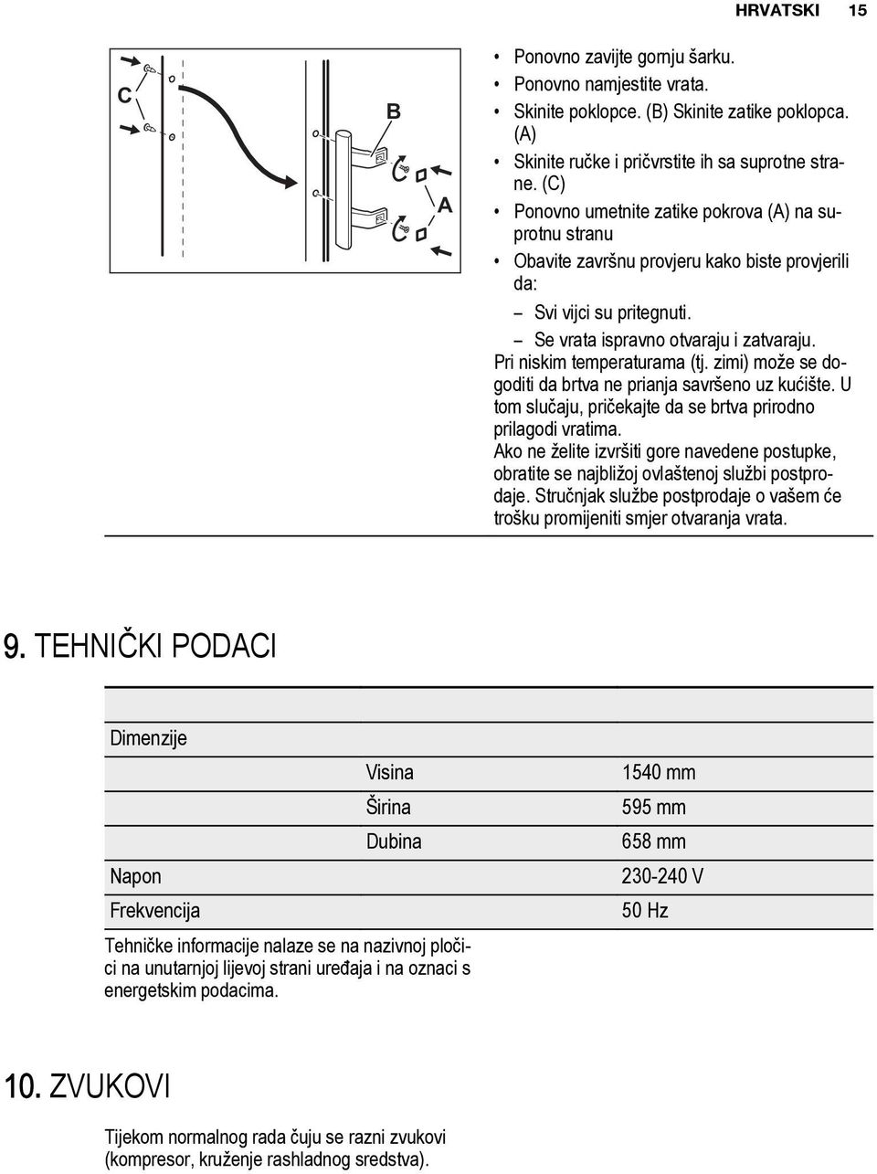 Pri niskim temperaturama (tj. zimi) može se dogoditi da brtva ne prianja savršeno uz kućište. U tom slučaju, pričekajte da se brtva prirodno prilagodi vratima.