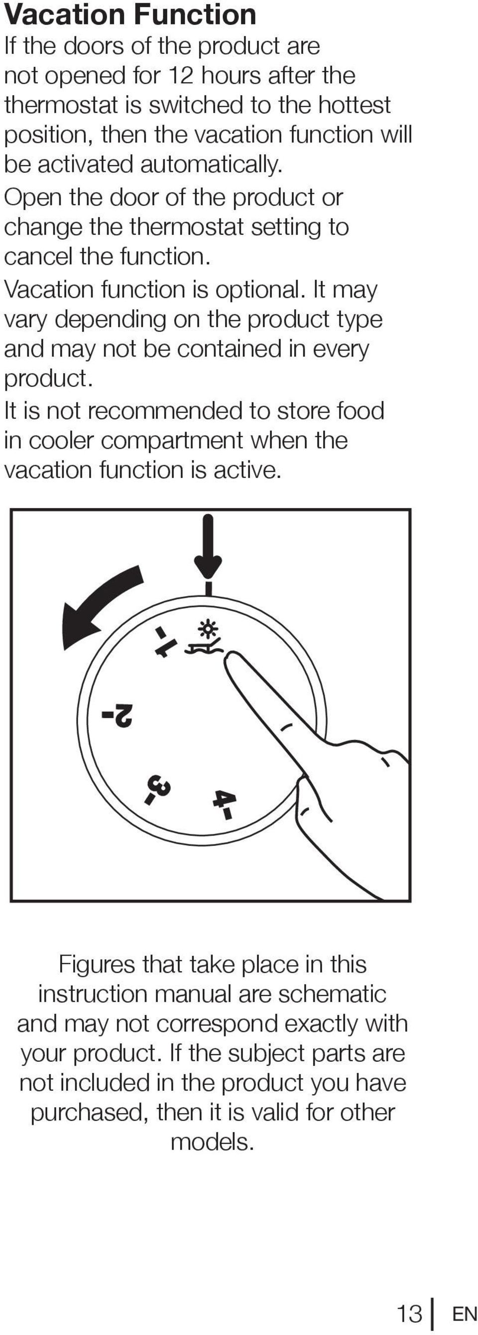 It may vary depending on the product type and may not be contained in every product. It is not recommended to store food in cooler compartment when the vacation function is active.