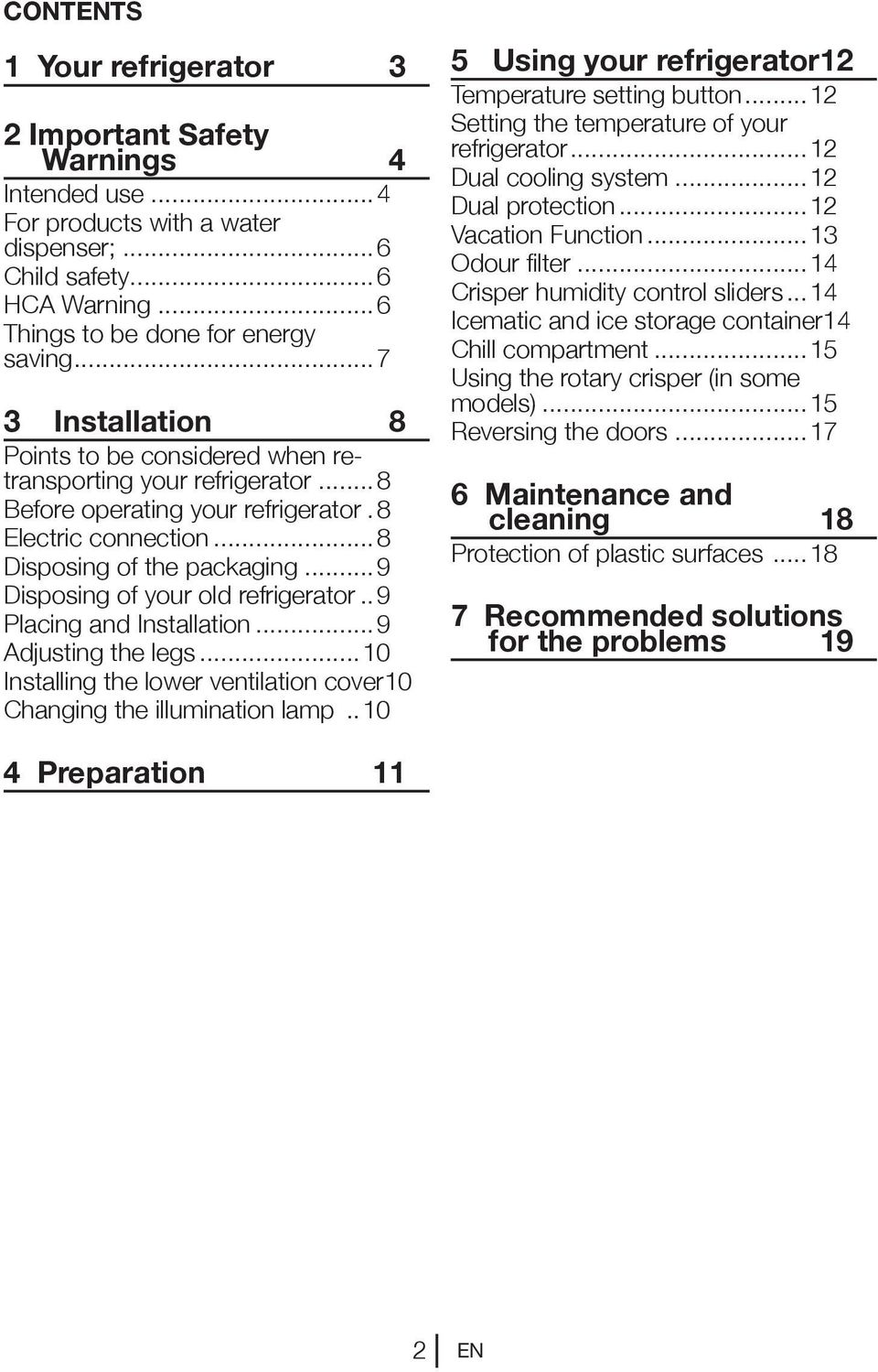 ..9 Disposing of your old refrigerator... 9 Placing and Installation...9 Adjusting the legs...10 Installing the lower ventilation cover.10 Changing the illumination lamp.