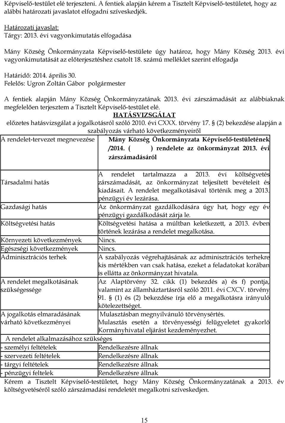 számú melléklet szerint elfogadja Határidő: 2014. április 30. Felelős: Ugron Zoltán Gábor polgármester A fentiek alapján Mány Község Önkormányzatának 2013.