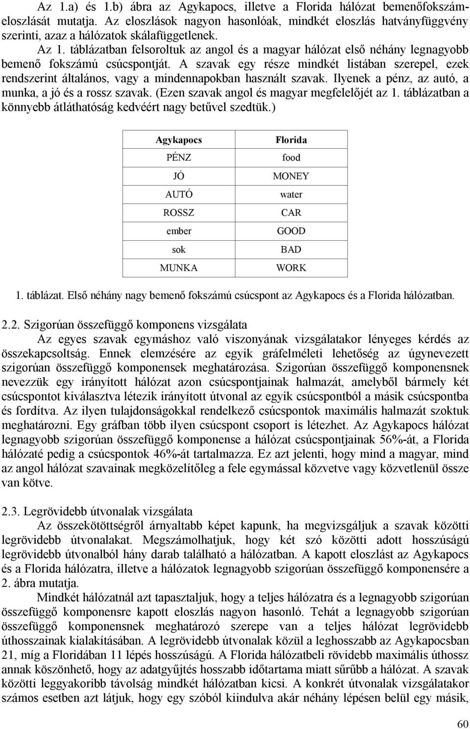 táblázatban felsoroltuk az angol és a magyar hálózat első néhány legnagyobb bemenő fokszámú csúcspontját.