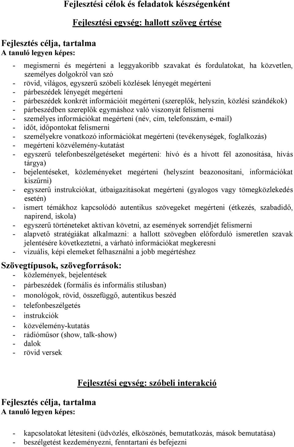 (szereplők, helyszín, közlési szándékok) - párbeszédben szereplők egymáshoz való viszonyát felismerni - személyes információkat megérteni (név, cím, telefonszám, e-mail) - időt, időpontokat