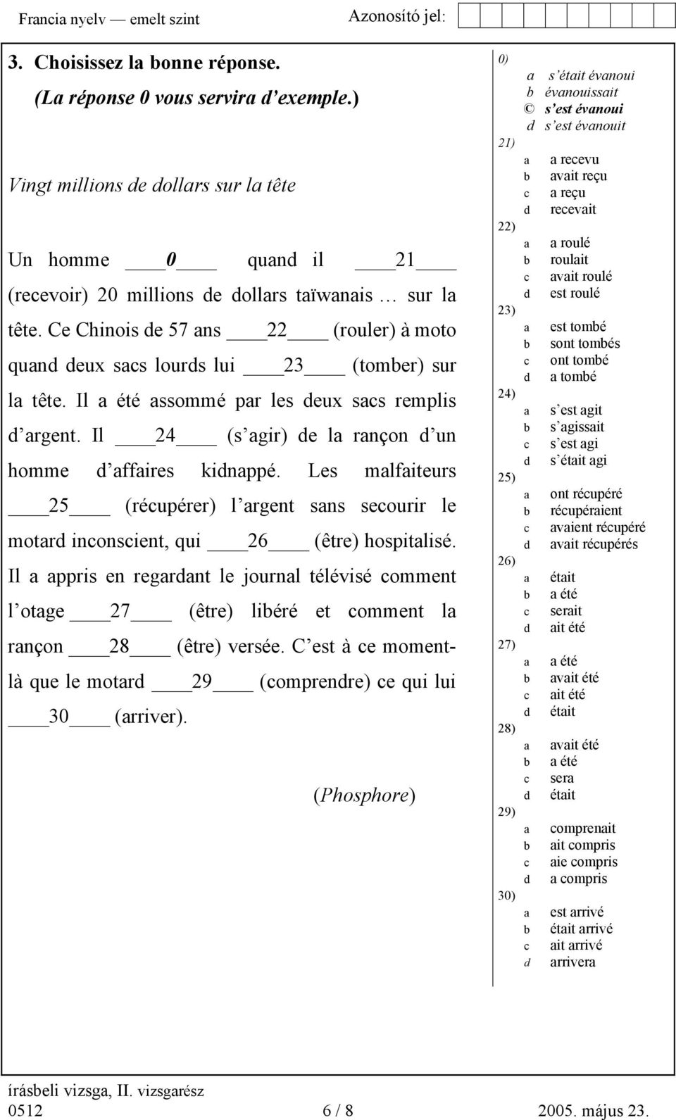 Il 24 (s agir) de la rançon d un homme d affaires kidnappé. Les malfaiteurs 25 (récupérer) l argent sans secourir le motard inconscient, qui 26 (être) hospitalisé.