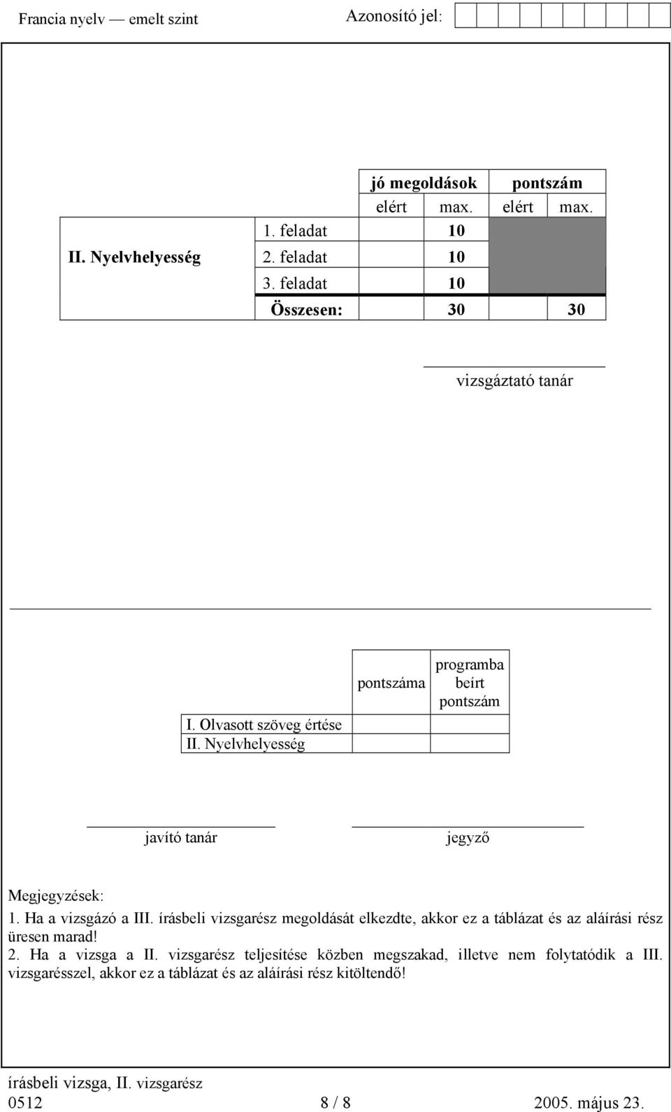 írásbeli vizsgarész megoldását elkezdte, akkor ez a táblázat és az aláírási rész üresen marad! 2. Ha a vizsga a II.