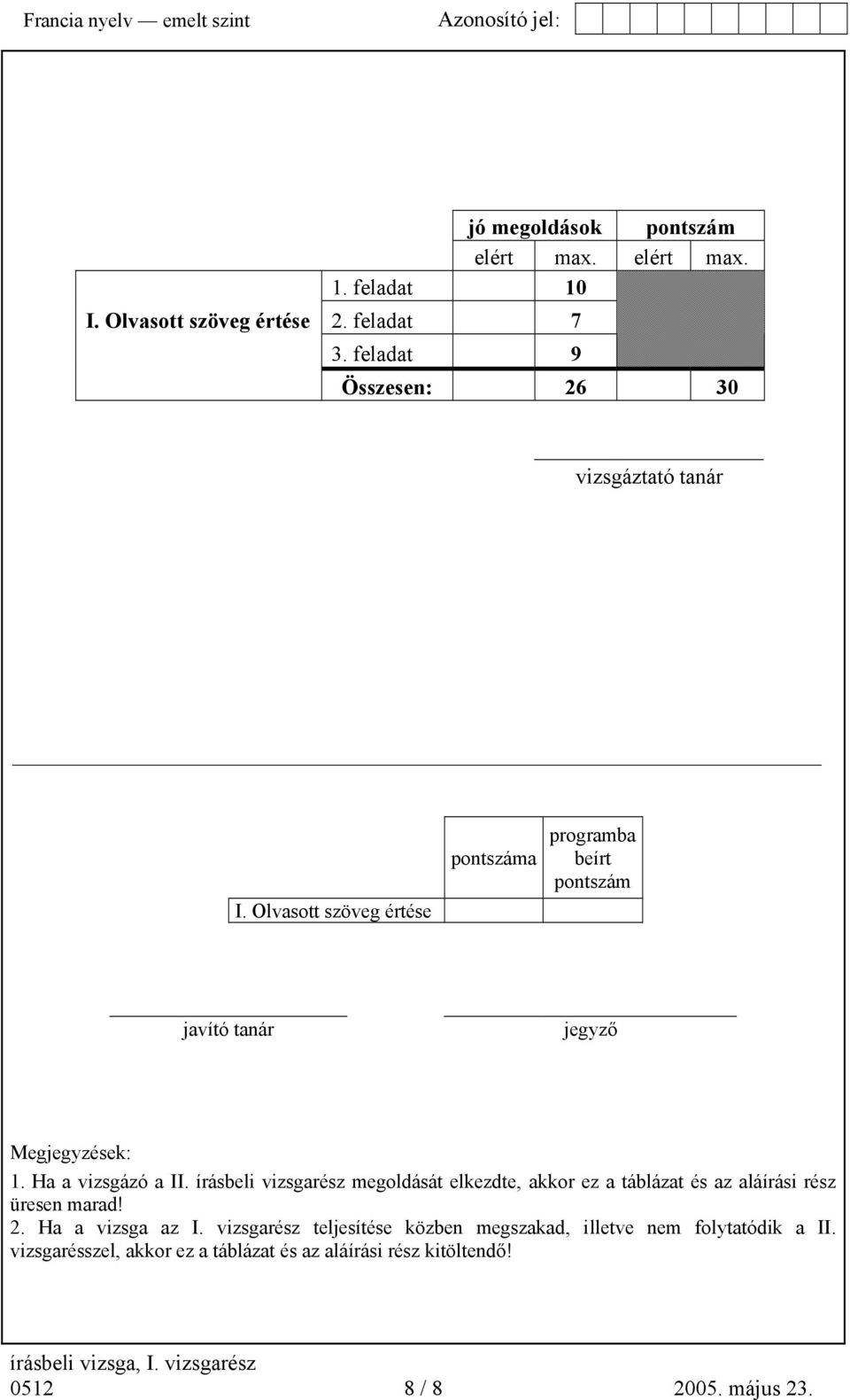 Ha a vizsgázó a II. írásbeli vizsgarész megoldását elkezdte, akkor ez a táblázat és az aláírási rész üresen marad! 2. Ha a vizsga az I.