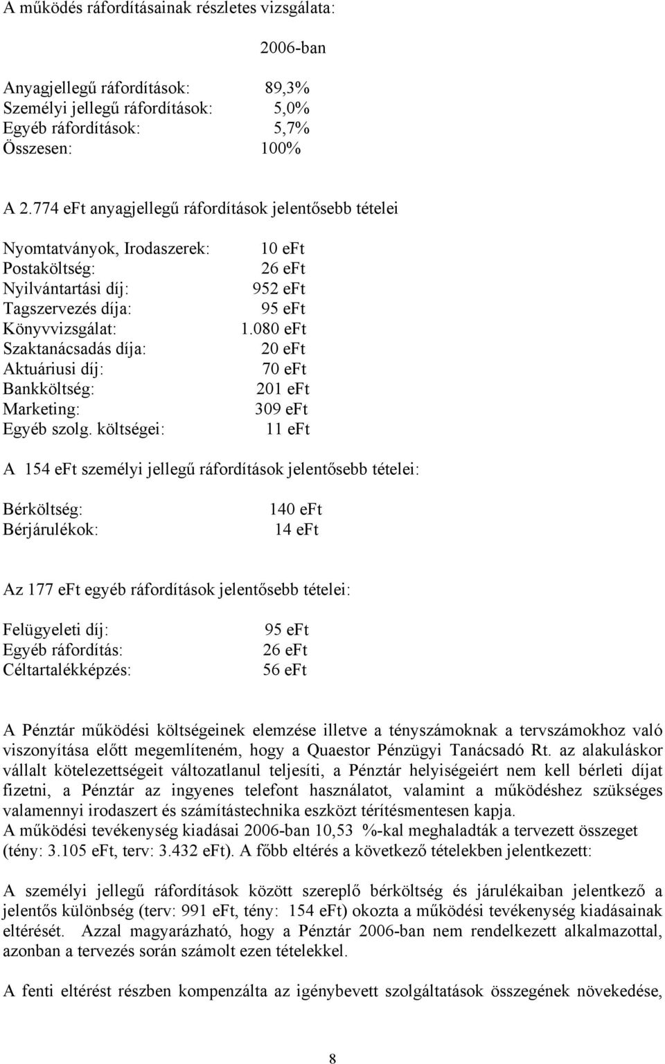 Bankköltség: Marketing: Egyéb szolg. költségei: 10 eft 26 eft 952 eft 95 eft 1.