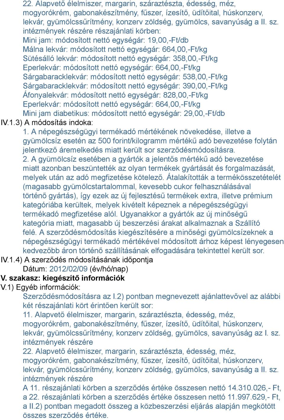 intézmények részére részajánlati körben: Mini jam: módosított nettó egységár: 19,00,-Ft/db Málna lekvár: módosított nettó egységár: 664,00,-Ft/kg Sütésálló lekvár: módosított nettó egységár: