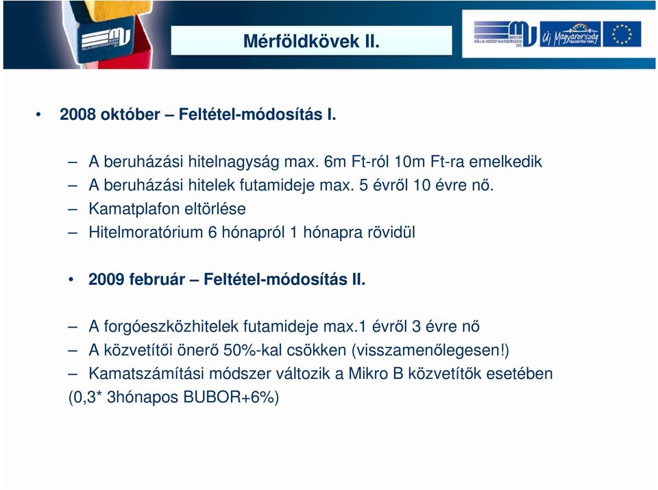 Kamatplafon eltörlése Hitelmoratórium 6 hónapról 1 hónapra rövidül 2009 február Feltétel-módosítás II.