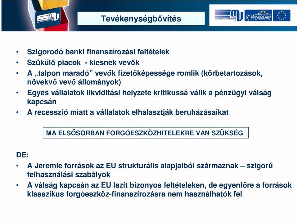 vállalatok elhalasztják beruházásaikat MA ELSŐSORBAN FORGÓESZKÖZHITELEKRE VAN SZÜKSÉG DE: A Jeremie források az EU strukturális alapjaiból származnak