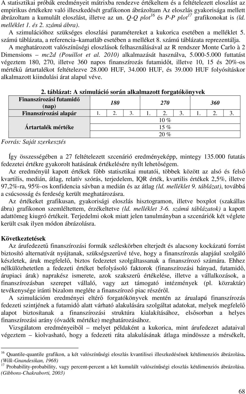 A szimulációhoz szükséges eloszlási paramétereket a kukorica esetében a melléklet 5. számú táblázata, a referencia kamatláb esetében a melléket 8. számú táblázata reprezentálja.