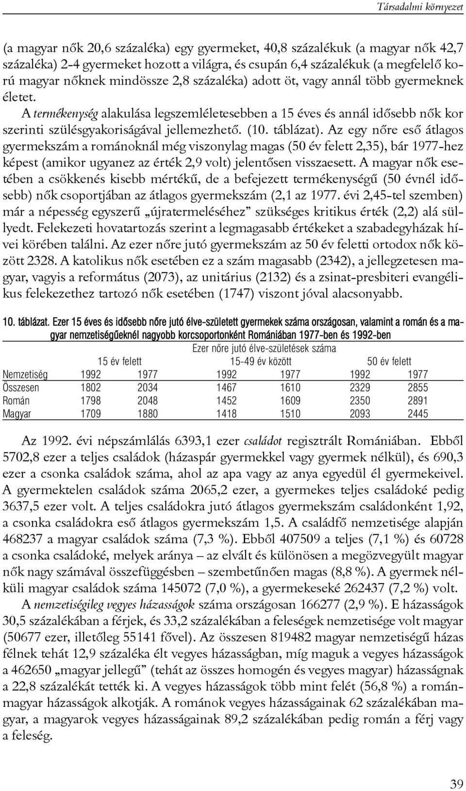 (10. táblázat). Az egy nõre esõ átlagos gyermekszám a románoknál még viszonylag magas (50 év felett 2,35), bár 1977-hez képest (amikor ugyanez az érték 2,9 volt) jelentõsen visszaesett.