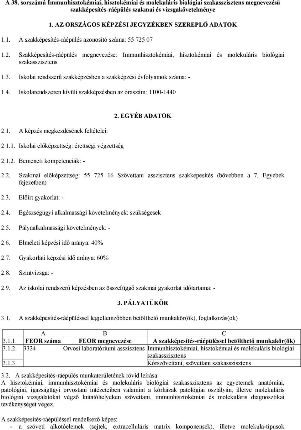 07 1.2. Szakképesítés-ráépülés megnevezése: Immunhisztokémiai, hisztokémiai és molekuláris biológiai szakasszisztens 1.3. Iskolai rendszerű szakképzésben a szakképzési évfolyamok száma: - 1.4.