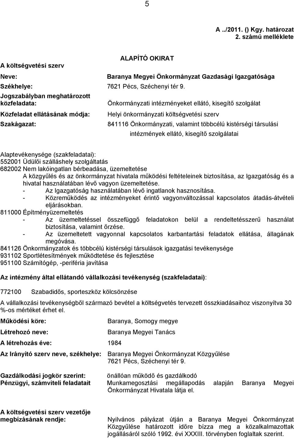 valamint többcélú kistérségi társulási intézmények ellátó, kisegítő szolgálatai Alaptevékenysége (szakfeladatai): 552001 Üdülői szálláshely szolgáltatás 682002 Nem lakóingatlan bérbeadása,