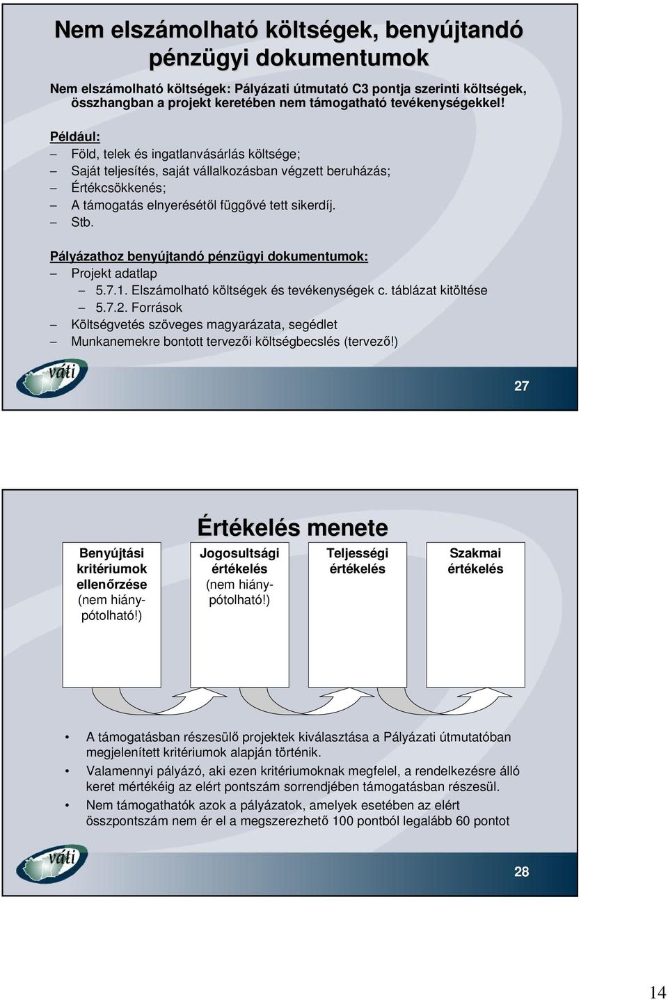 Pályázathoz benyújtandó pénzügyi dokumentumok: Projekt adatlap 5.7.1. Elszámolható költségek és tevékenységek c. táblázat kitöltése 5.7.2.