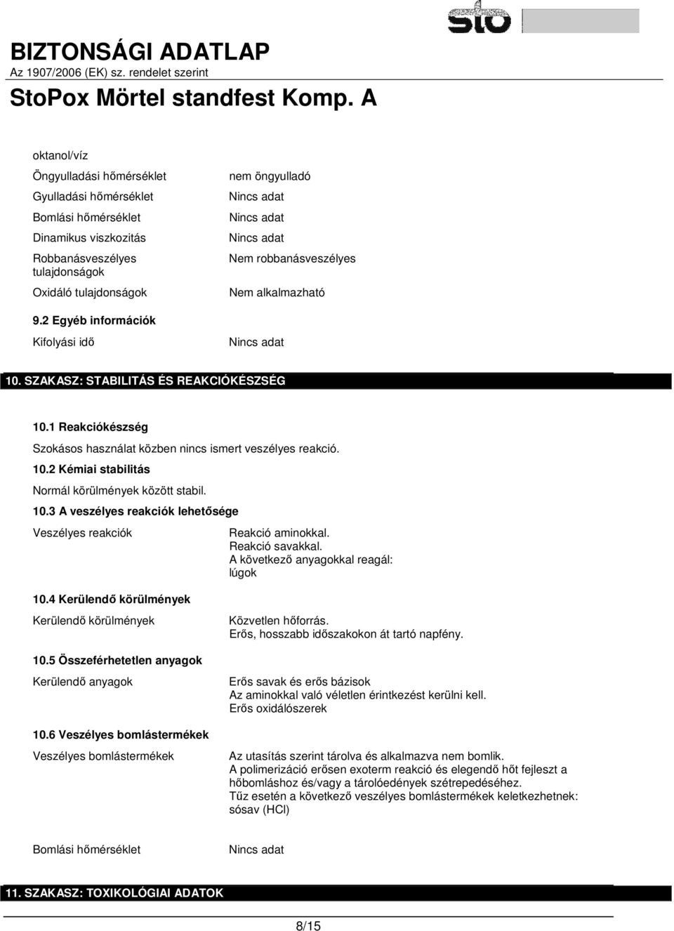 10.3 A veszélyes reakciók lehetősége Veszélyes reakciók Reakció aminokkal. Reakció savakkal. A következő anyagokkal reagál: lúgok 10.4 Kerülendő körülmények Kerülendő körülmények Közvetlen hőforrás.