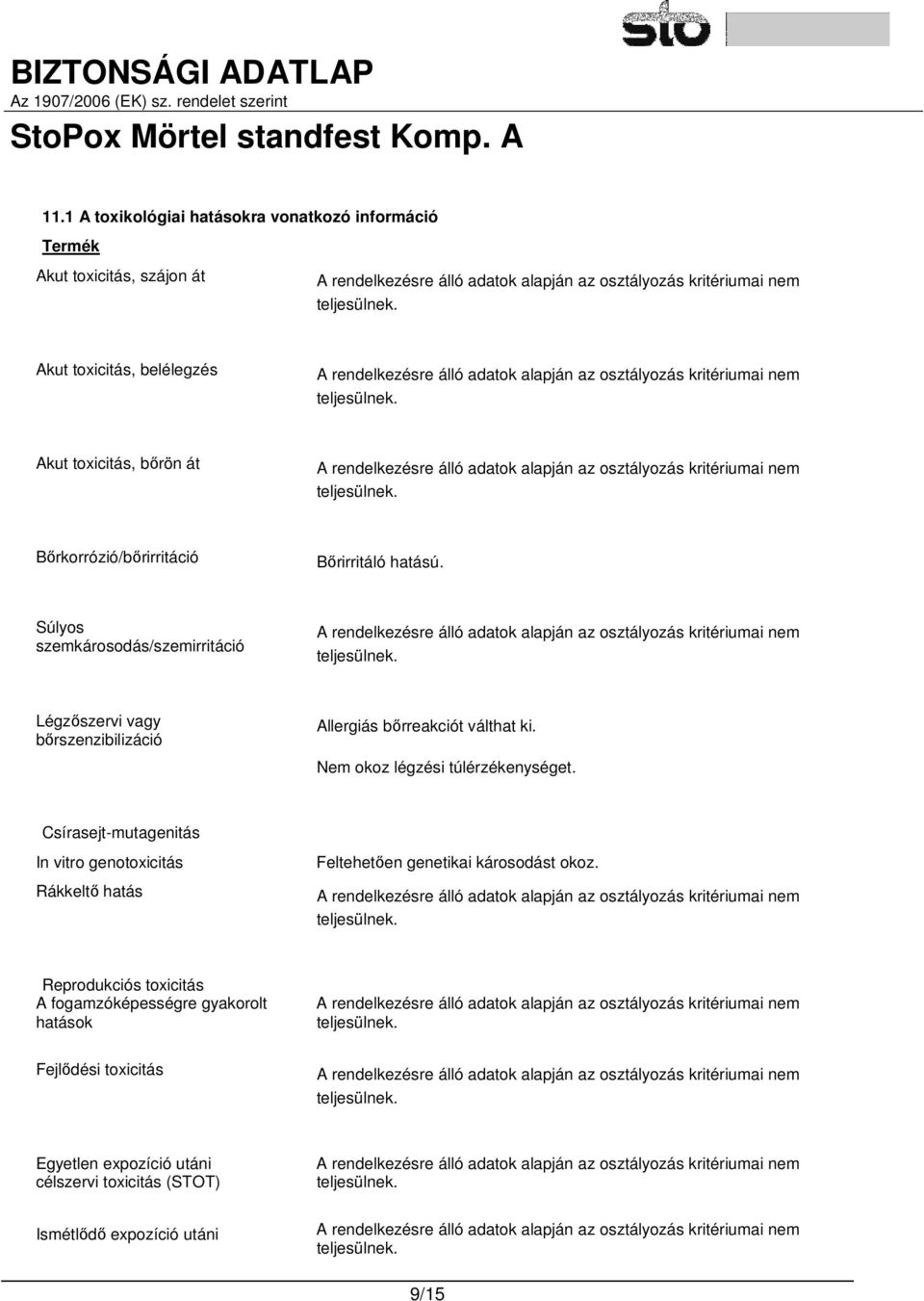 Súlyos szemkárosodás/szemirritáció Légzőszervi vagy bőrszenzibilizáció Allergiás bőrreakciót válthat ki. Nem okoz légzési túlérzékenységet.