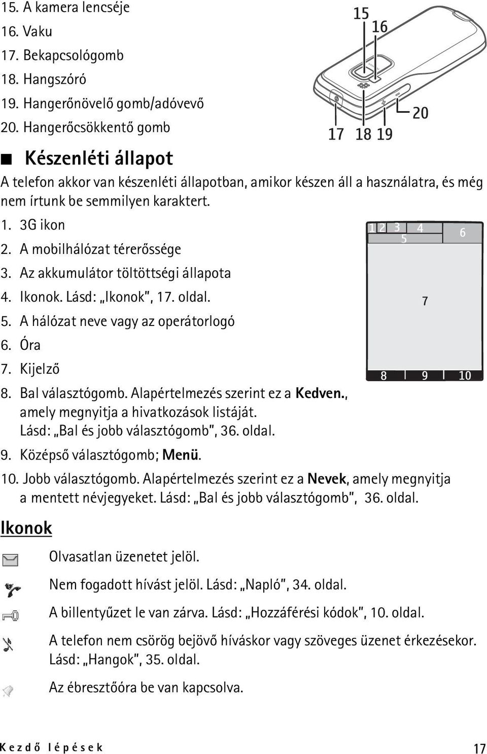 A mobilhálózat térerõssége 3. Az akkumulátor töltöttségi állapota 4. Ikonok. Lásd: Ikonok, 17. oldal. 5. A hálózat neve vagy az operátorlogó 6. Óra 7. Kijelzõ 8. Bal választógomb.