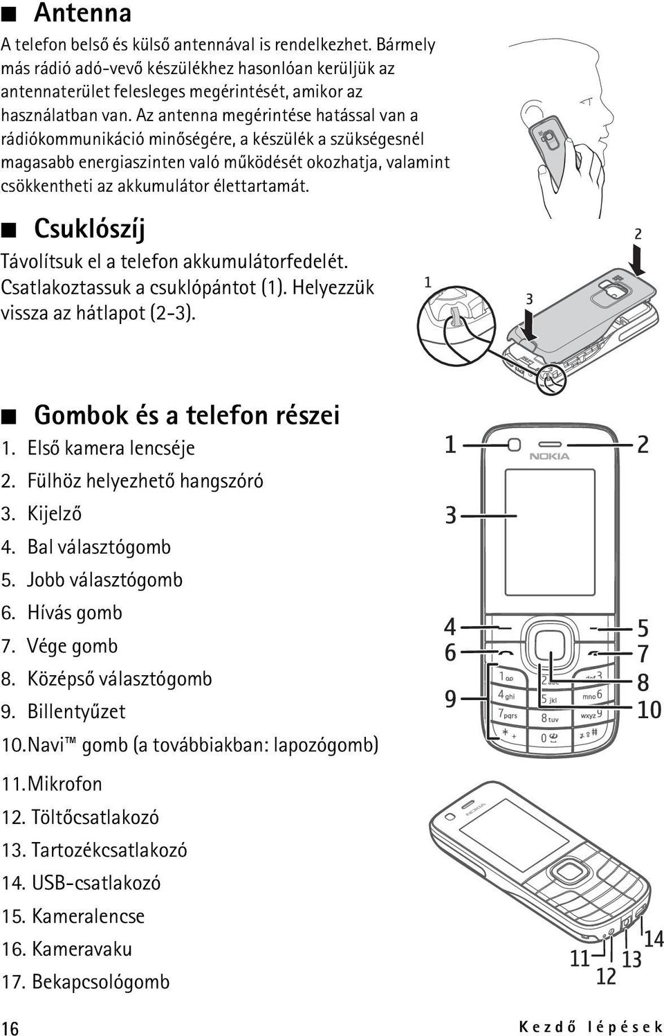 Csuklószíj Távolítsuk el a telefon akkumulátorfedelét. Csatlakoztassuk a csuklópántot (1). Helyezzük vissza az hátlapot (2-3). Gombok és a telefon részei 1. Elsõ kamera lencséje 2.