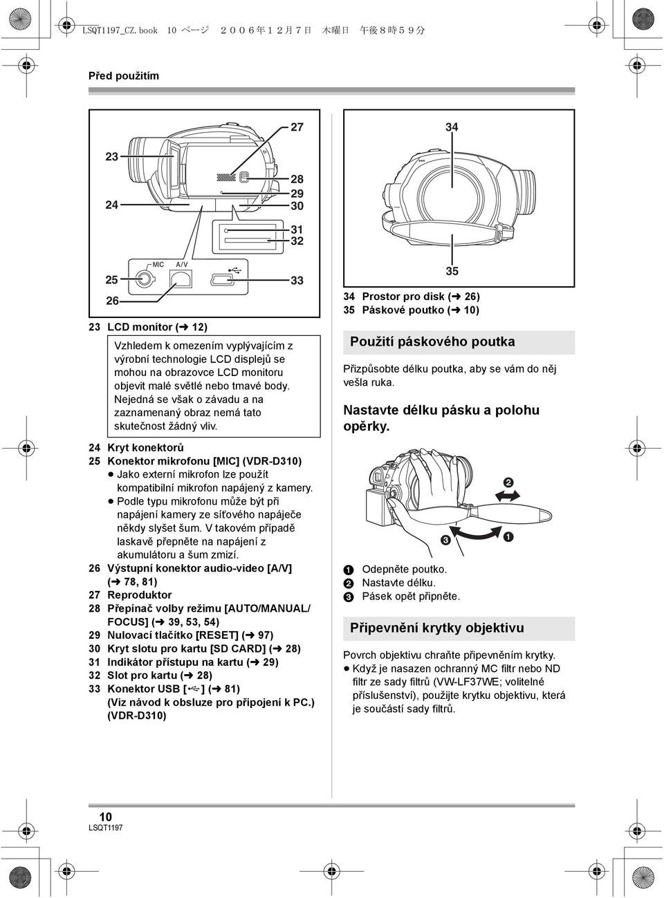 33 24 Kryt konektorů 25 Konektor mikrofonu [MIC] (VDR-D310) Jako externí mikrofon lze použít kompatibilní mikrofon napájený z kamery.