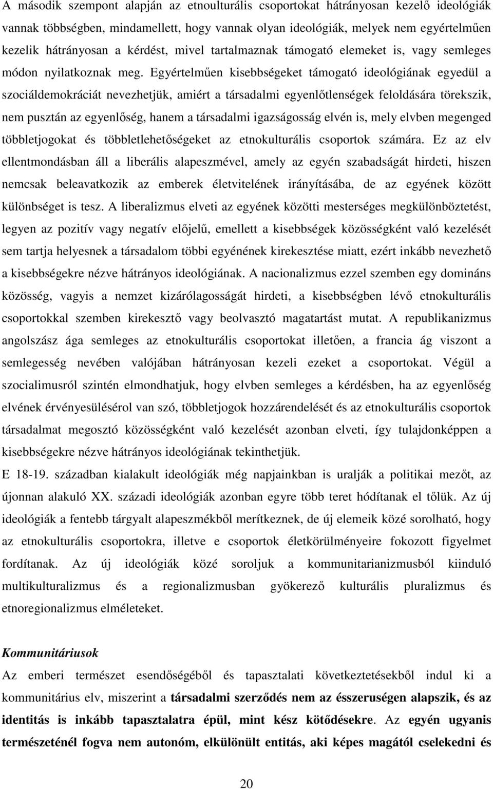 Egyértelműen kisebbségeket támogató ideológiának egyedül a szociáldemokráciát nevezhetjük, amiért a társadalmi egyenlőtlenségek feloldására törekszik, nem pusztán az egyenlőség, hanem a társadalmi