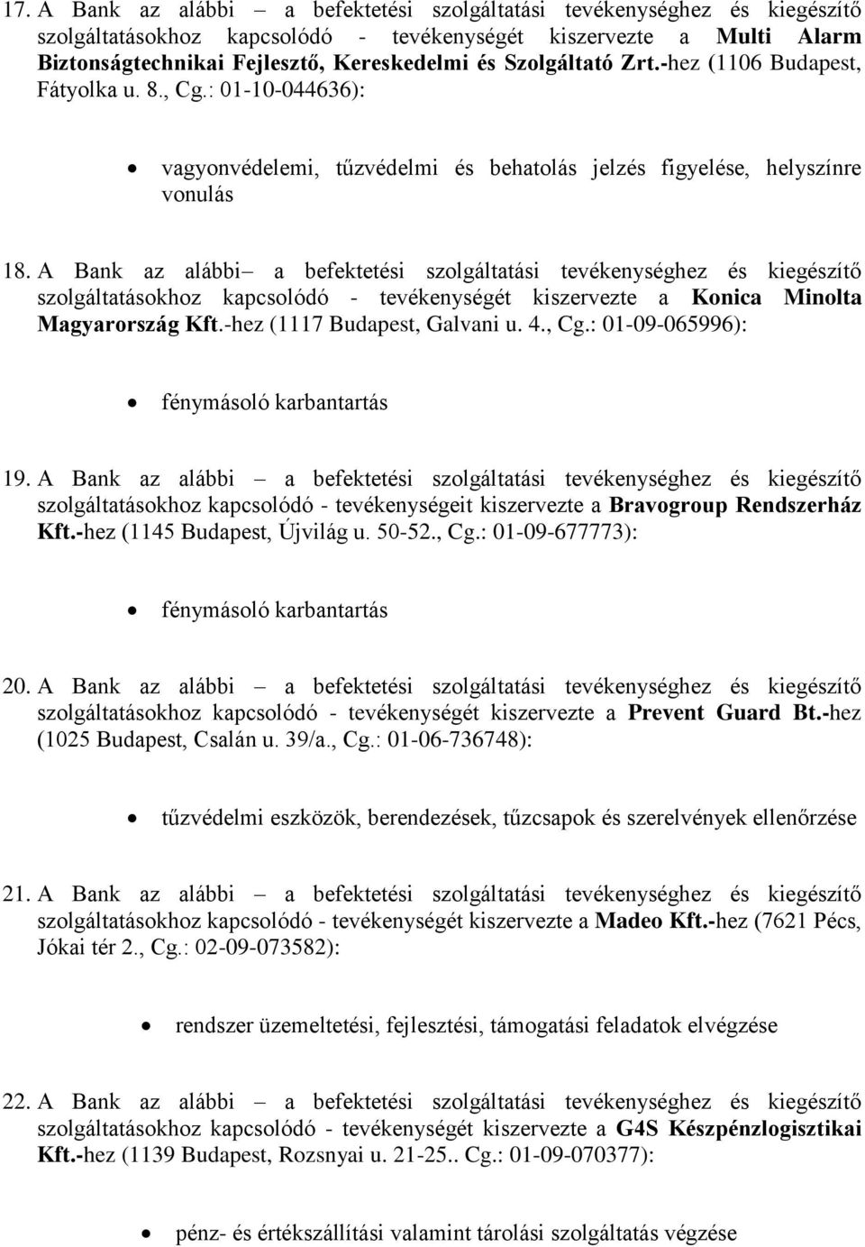 A Bank az alábbi a befektetési szolgáltatási tevékenységhez és kiegészítő szolgáltatásokhoz kapcsolódó - tevékenységét kiszervezte a Konica Minolta Magyarország Kft.-hez (1117 Budapest, Galvani u. 4.