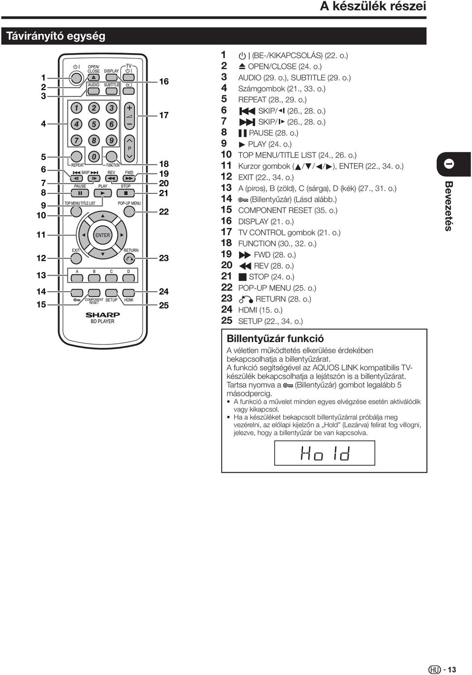 ,. o.) (Billentyűzár) (Lásd alább.) COMPONENT RESET (5. o.) DISPLAY (. o.) TV CONTROL gombok (. o.) FUNCTION (0.,. o.) V FWD (8. o.) S REV (8. o.) H STOP (4. o.) POP-UP MENU (5. o.) n RETURN (8. o.) HDMI (5.