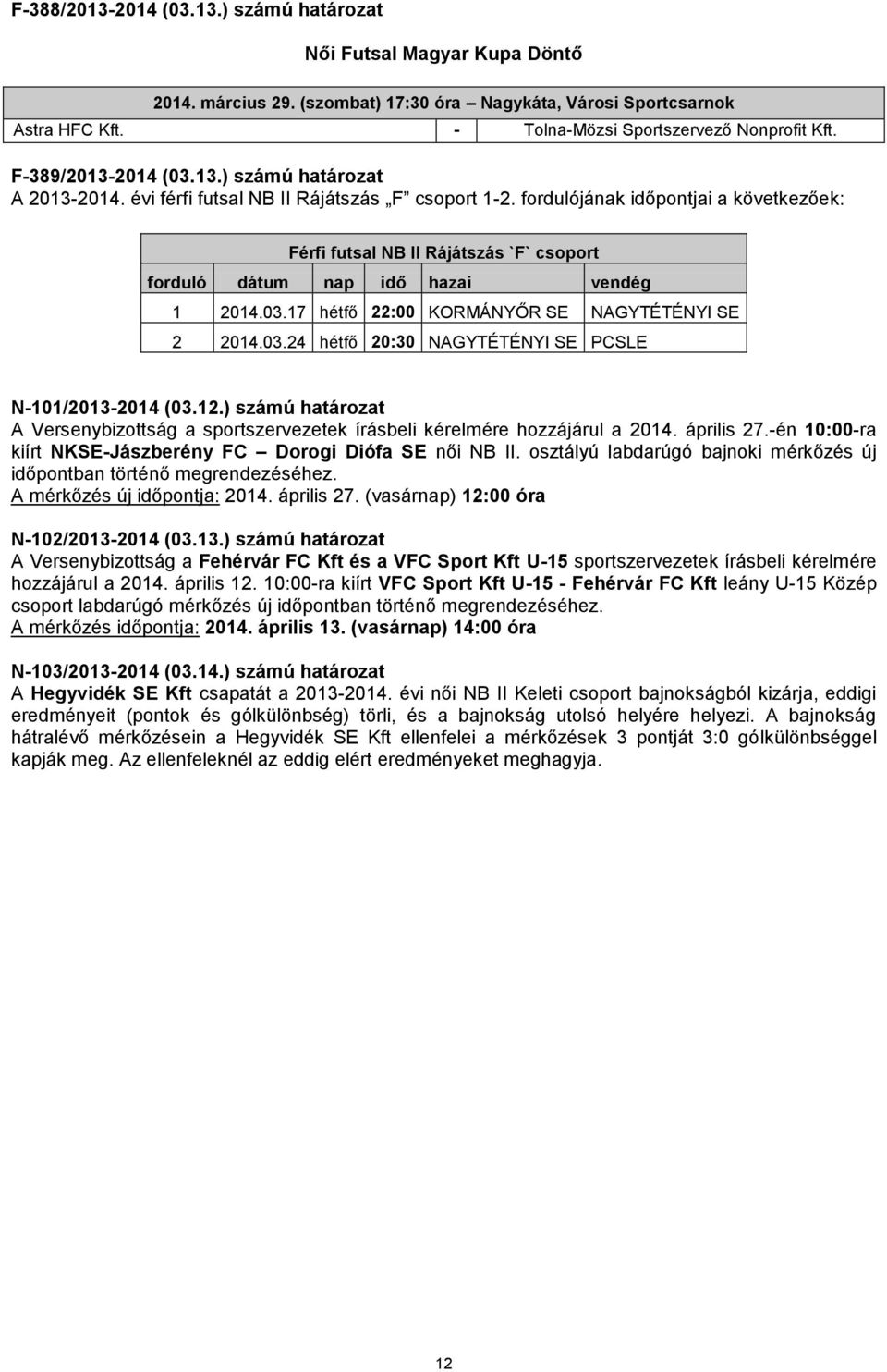 fordulójának időpontjai a következőek: Férfi futsal NB II Rájátszás `F` csoport forduló dátum nap idő hazai vendég 1 2014.03.17 hétfő 22:00 KORMÁNYŐR SE NAGYTÉTÉNYI SE 2 2014.03.24 hétfő 20:30 NAGYTÉTÉNYI SE PCSLE N-101/2013-2014 (03.