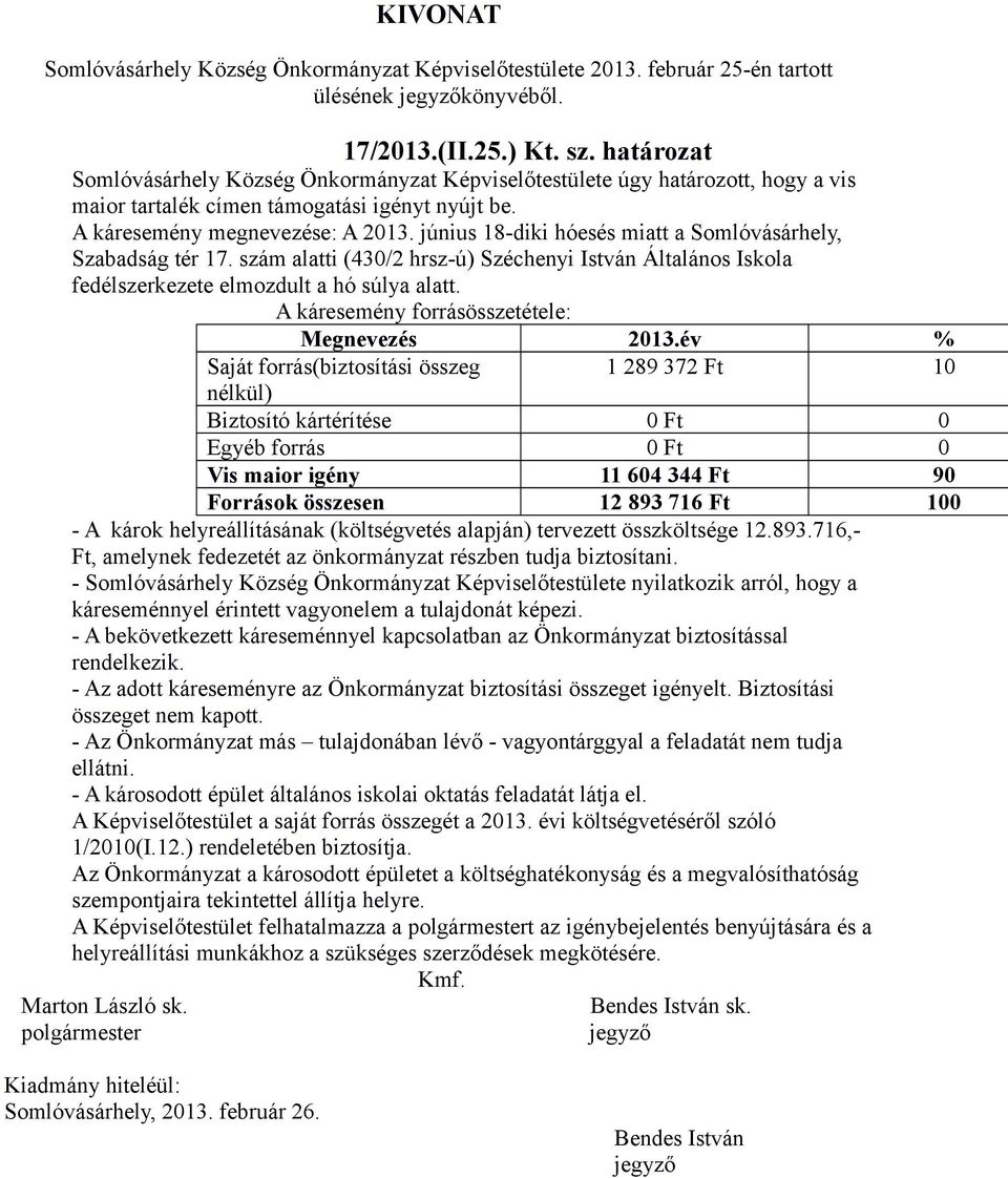 június 18-diki hóesés miatt a Somlóvásárhely, Szabadság tér 17. szám alatti (430/2 hrsz-ú) Széchenyi István Általános Iskola fedélszerkezete elmozdult a hó súlya alatt.