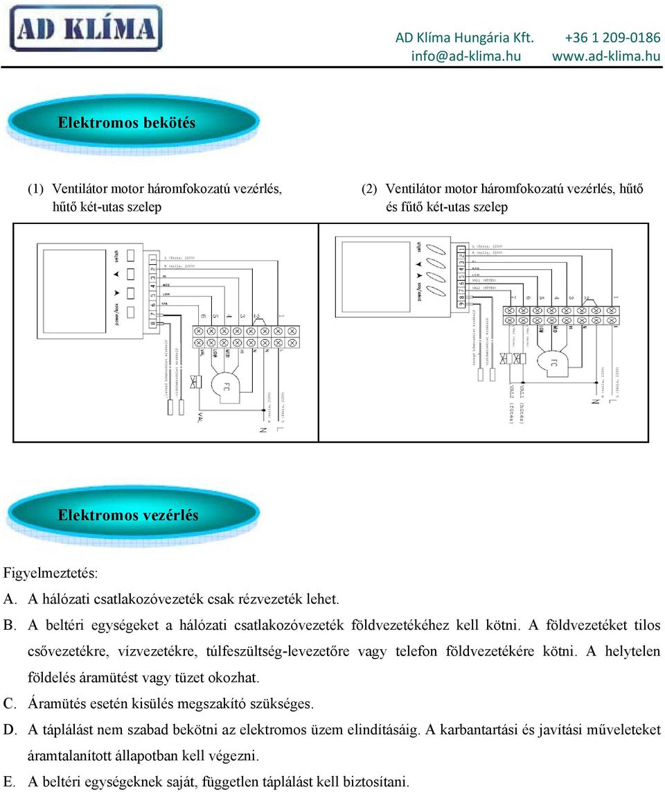 (hűtés) VAL1 (hűtés) VAL2 (fűtés) VAL2 (fűtés) N (nulla, 220V) L (fázis, 220V) Elektromos vezérlés Figyelmeztetés: A. A hálózati csatlakozóvezeték csak rézvezeték lehet. B.