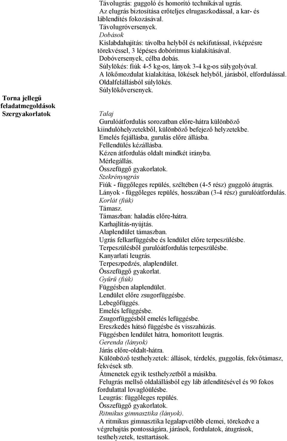 Súlylökés: fiúk 4-5 kg-os, lányok 3-4 kg-os súlygolyóval. A lökımozdulat kialakítása, lökések helybıl, járásból, elfordulással. Oldalfelállásból súlylökés. Súlylökıversenyek.