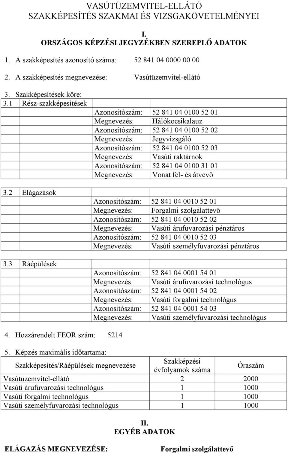 3 Ráépülések Azonosítószám: 52 841 04 0100 52 01 Megnevezés: Hálókocsikalauz Azonosítószám: 52 841 04 0100 52 02 Megnevezés: Jegyvizsgáló Azonosítószám: 52 841 04 0100 52 03 Megnevezés: Vasúti