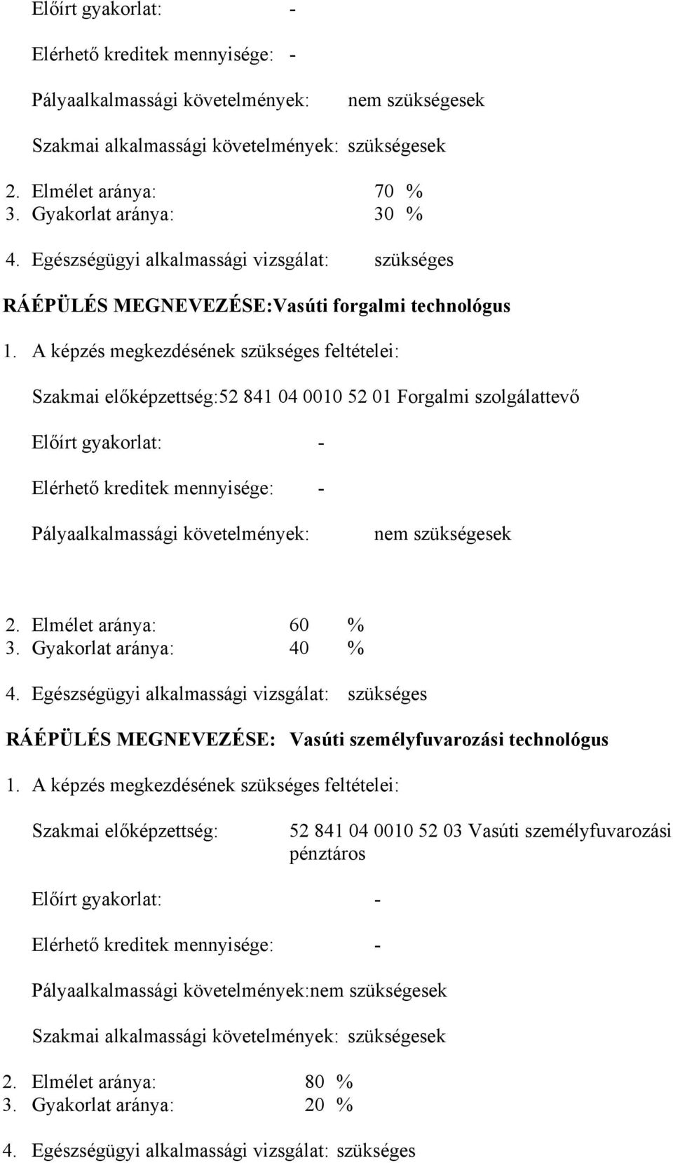 A képzés megkezdésének szükséges feltételei: Szakmai előképzettség:52 841 04 0010 52 01 Forgalmi szolgálattevő Előírt gyakorlat: - Elérhető kreditek mennyisége: - Pályaalkalmassági követelmények: nem