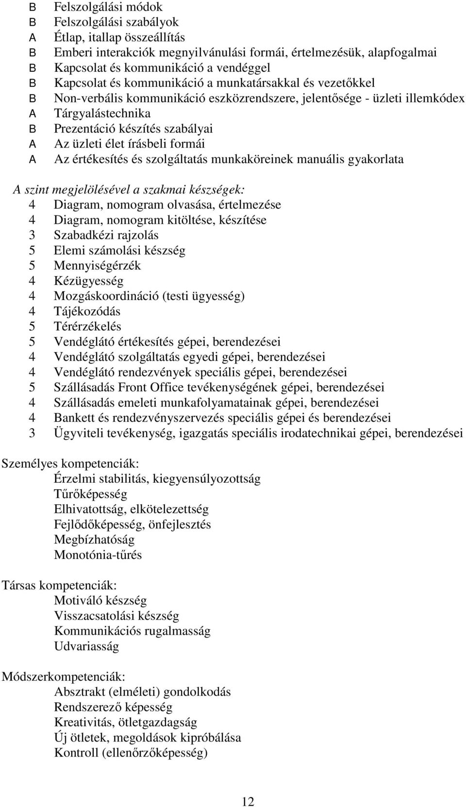 értékesítés és szolgáltatás munkaköreinek manuális gyakorlata szint megjelölésével a szakmai készségek: 4 Diagram, nomogram olvasása, értelmezése 4 Diagram, nomogram kitöltése, készítése 3 Szabadkézi