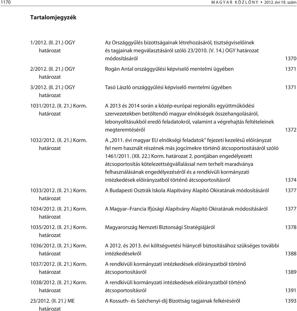 (II. 21.) Korm. határozat 23/2012. (II. 21.) ME határozat Az Országgyûlés bizottságainak létrehozásáról, tisztségviselõinek és tagjainak megválasztásáról szóló 23/2010. (V. 14.