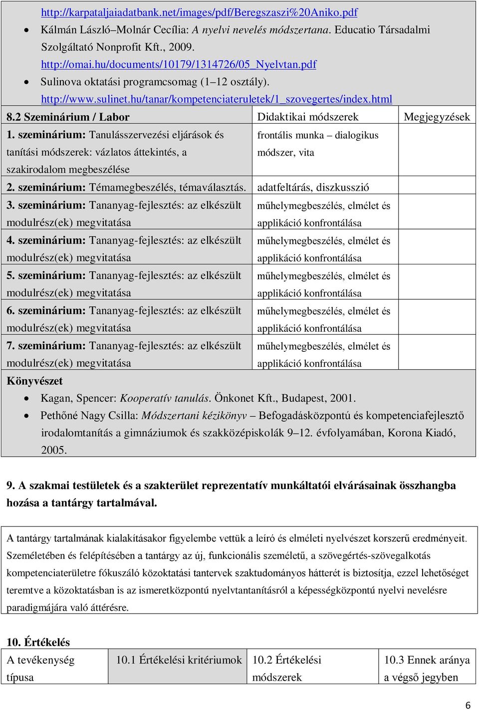 2 Szeminárium / Labor Didaktikai módszerek Megjegyzések 1. szeminárium: Tanulásszervezési eljárások és tanítási módszerek: vázlatos áttekintés, a módszer, vita szakirodalom megbeszélése 2.