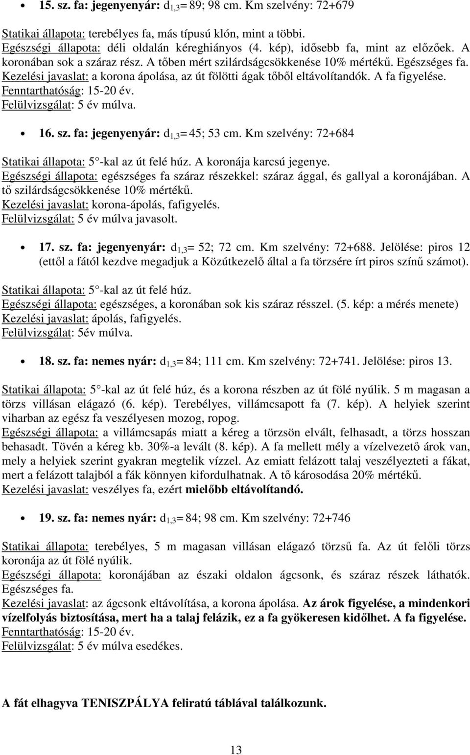 Fenntarthatóság: 15-20 év. Felülvizsgálat: 5 év múlva. 16. sz. fa: jegenyenyár: d 1,3 = 45; 53 cm. Km szelvény: 72+684 Statikai állapota: 5 -kal az út felé húz. A koronája karcsú jegenye.