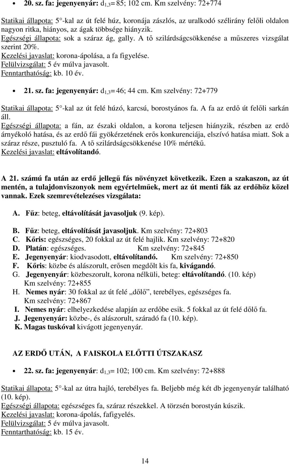 A tő szilárdságcsökkenése a műszeres vizsgálat szerint 20%. Kezelési javaslat: korona-ápolása, a fa figyelése. Fenntarthatóság: kb. 10 év. 21. sz. fa: jegenyenyár: d 1,3 = 46; 44 cm.